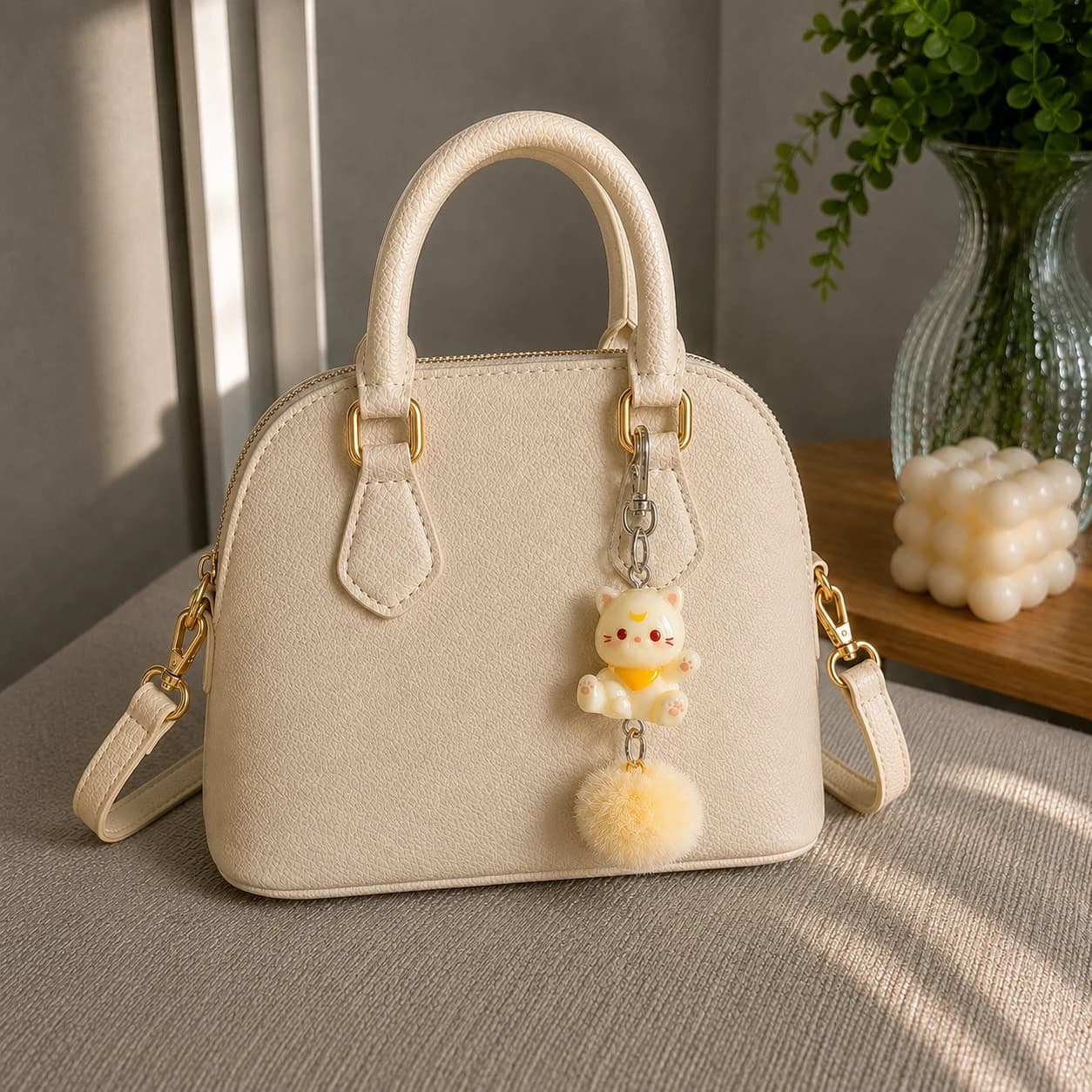 Mochi Bege — pendurado em uma bolsa